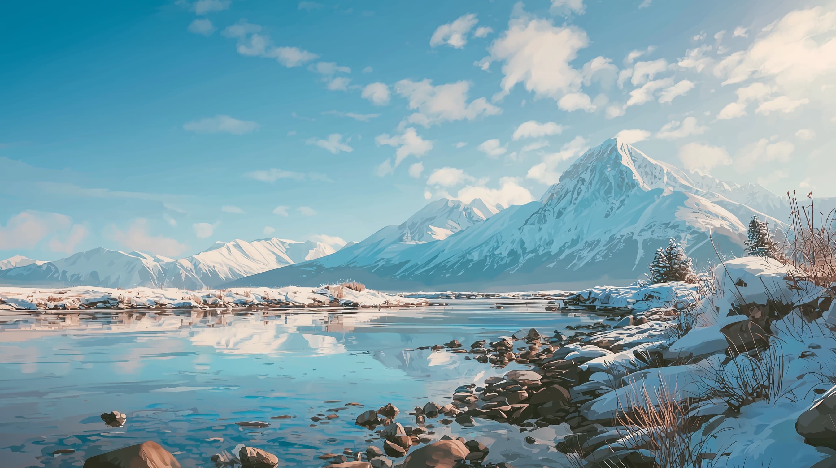 A braided river running through snow-dusted mountains under low cloud